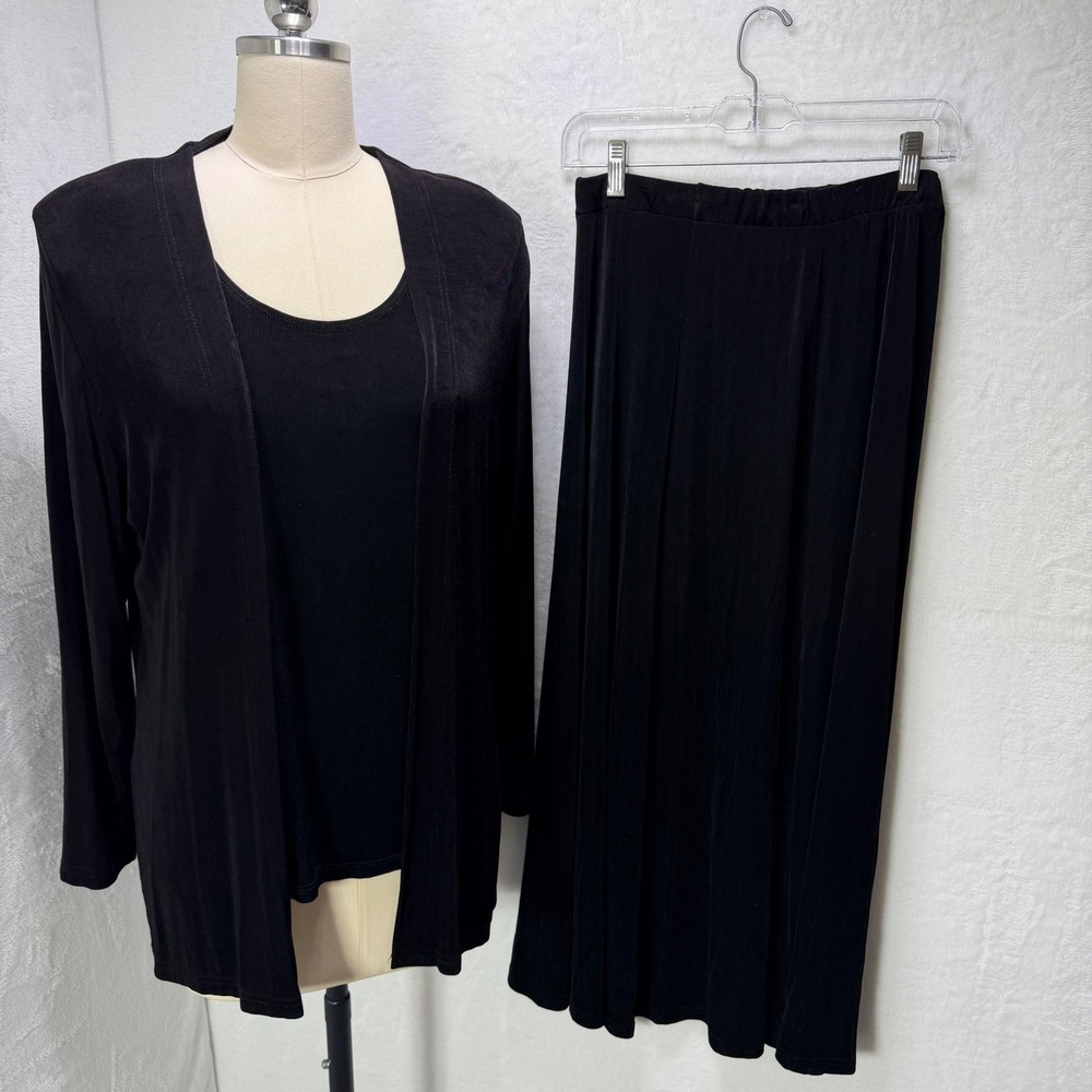 Vintage Black 3 Piece Slinky Travel Set Cardigan Tank Maxi Skirt Size M USA